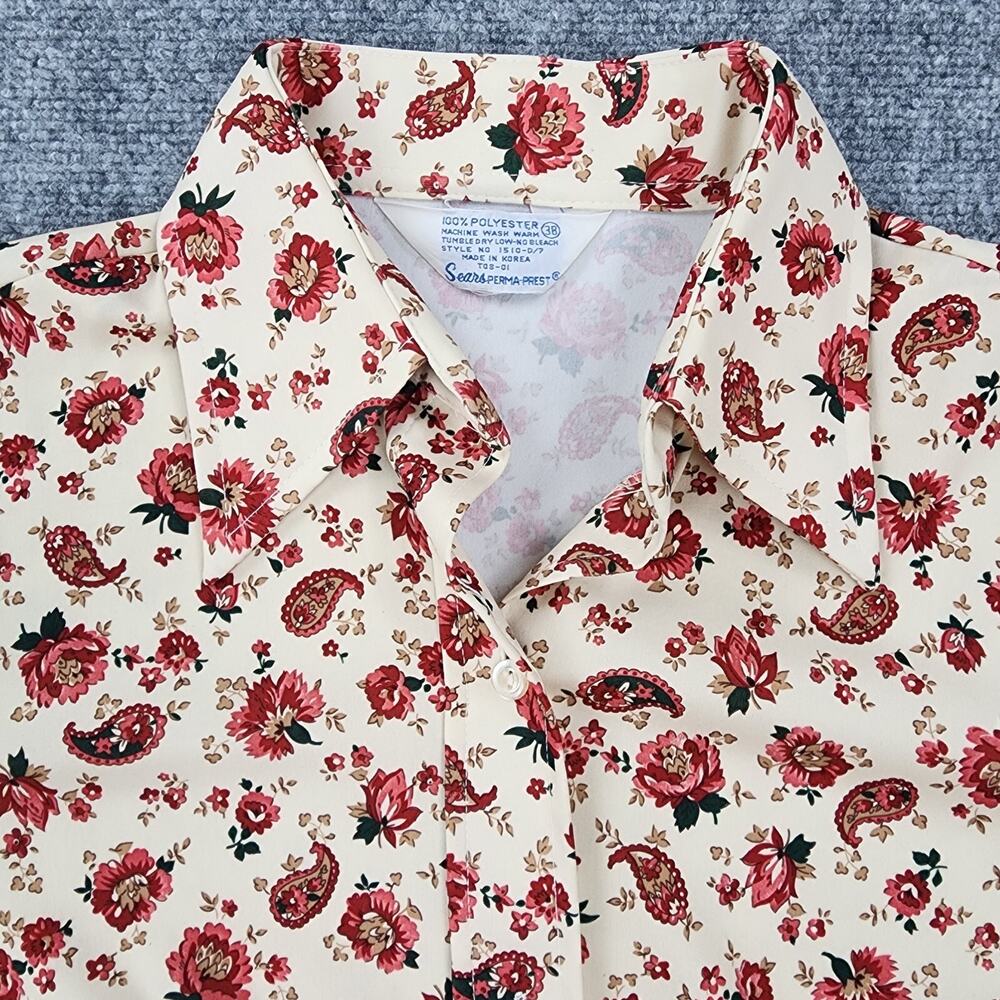 Vintage Sears Shirt Womens 38 Cream Floral Paisley Perma-Prest Short Sleeve 70s